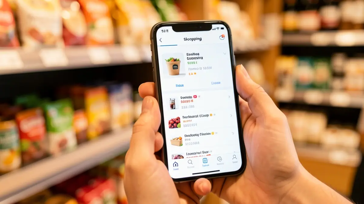 Generic image: hand holding a smartphone with a shopping app, blurred shelves with products.