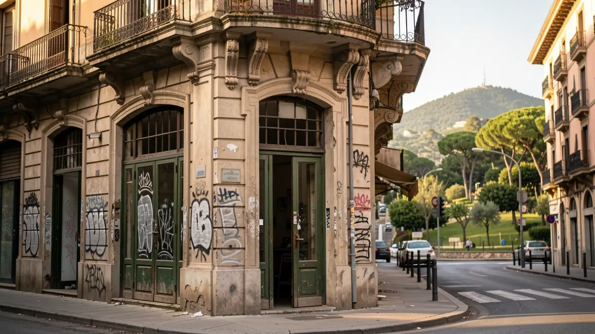 Generic image of the facade of an abandoned historic commercial building in Barcelona.