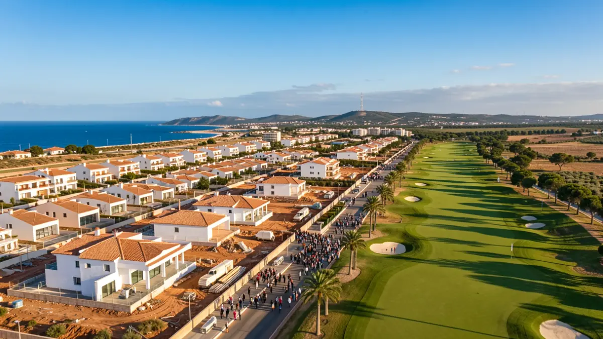 Aerial view of a new residential development under construction next to a golf course in Almería.