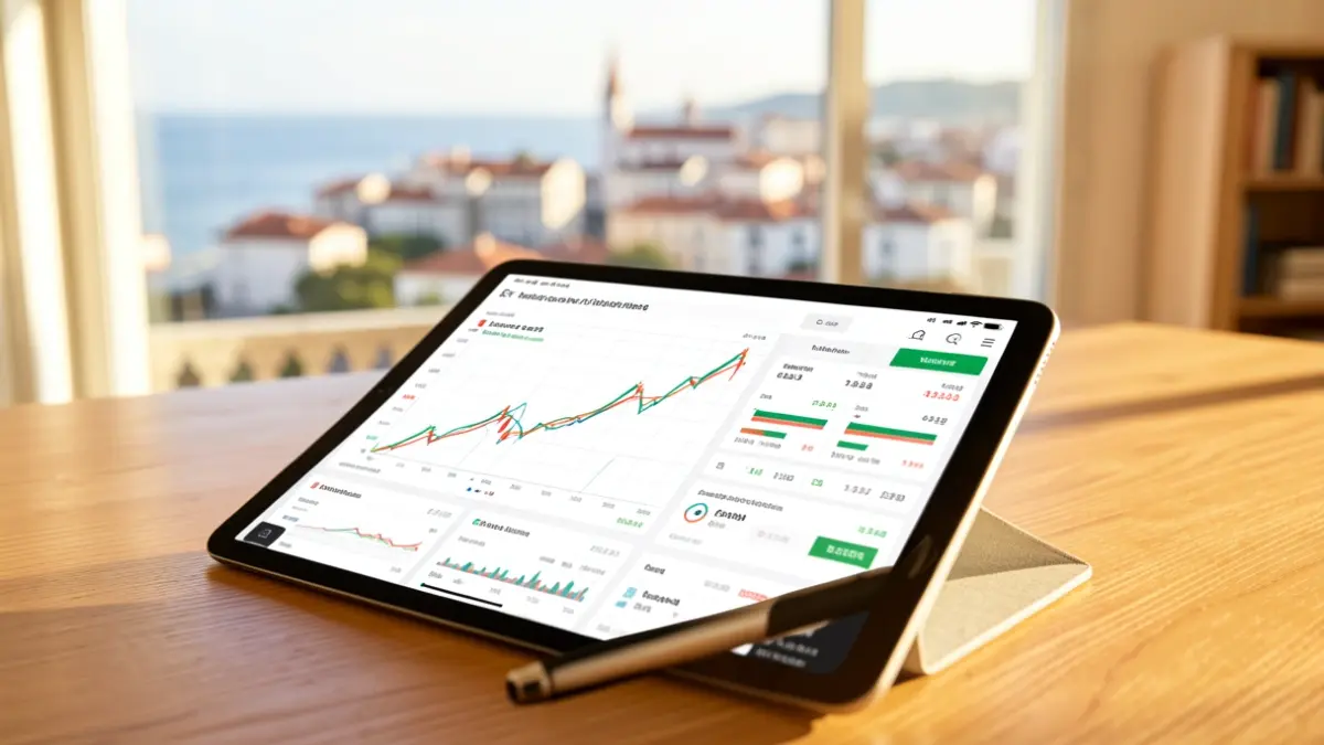Imagen de una tableta con gráficos financieros sobre una mesa de oficina.
