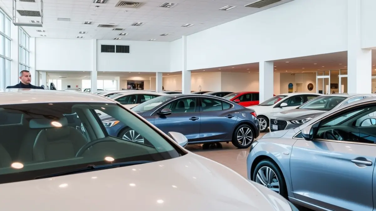 Generic image of a modern car dealership showroom with various car models on display.