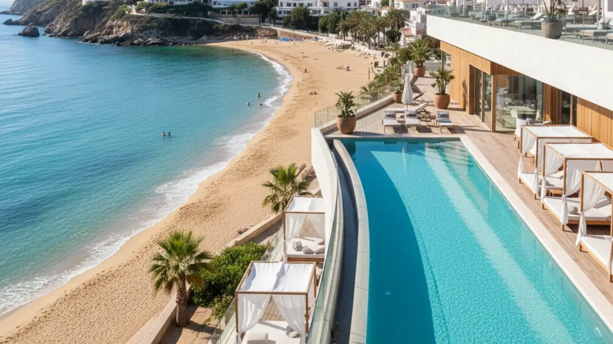 Imagen de un hotel boutique con piscina y azotea en un entorno costero.