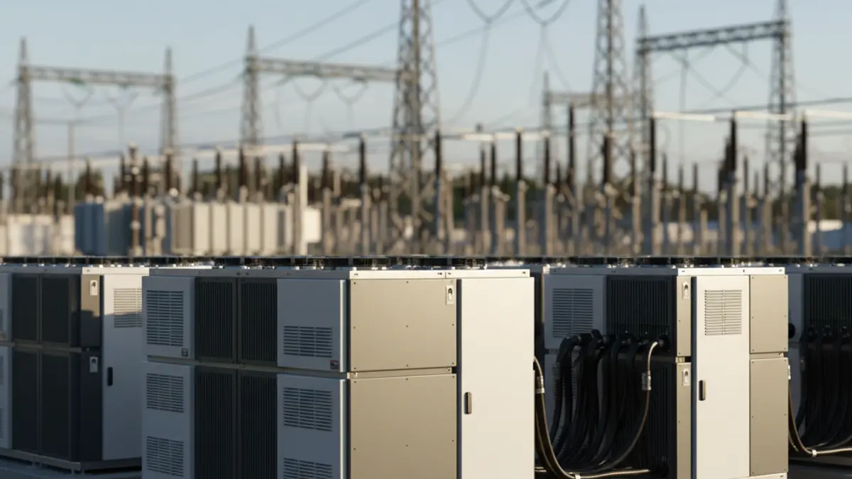 Generic image of battery energy storage units in an industrial setting.