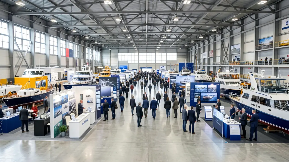 Imaxe xenérica dunha feira industrial con estands e xente.