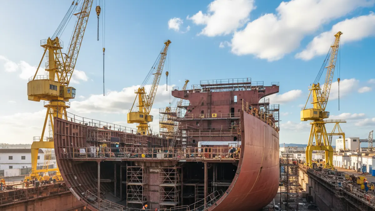 Image of a ship macrostructure under construction in a shipyard in Puerto Real.