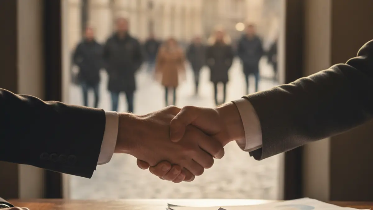 Generic image of hands shaking over a desk, symbolizing a business agreement or funding round.