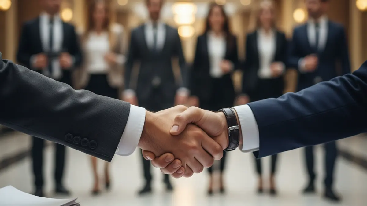 Generic image of two hands shaking over a desk, symbolizing a business agreement.