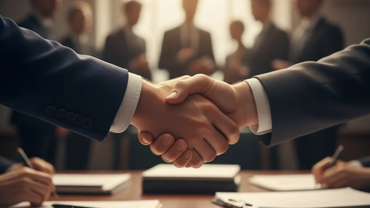 Imagen genérica de dos manos estrechándose en un entorno de oficina, simbolizando un acuerdo empresarial.