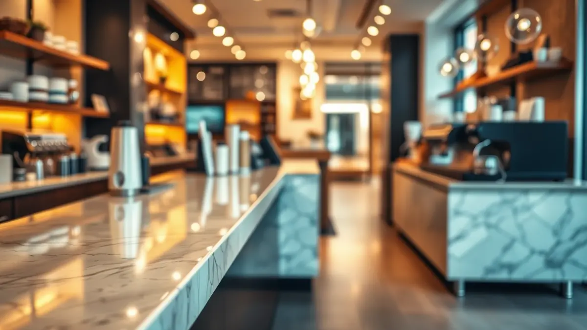 Imagen de un moderno Coffee Bar con una barra de mármol y suelo de cerámica, con luces cálidas.