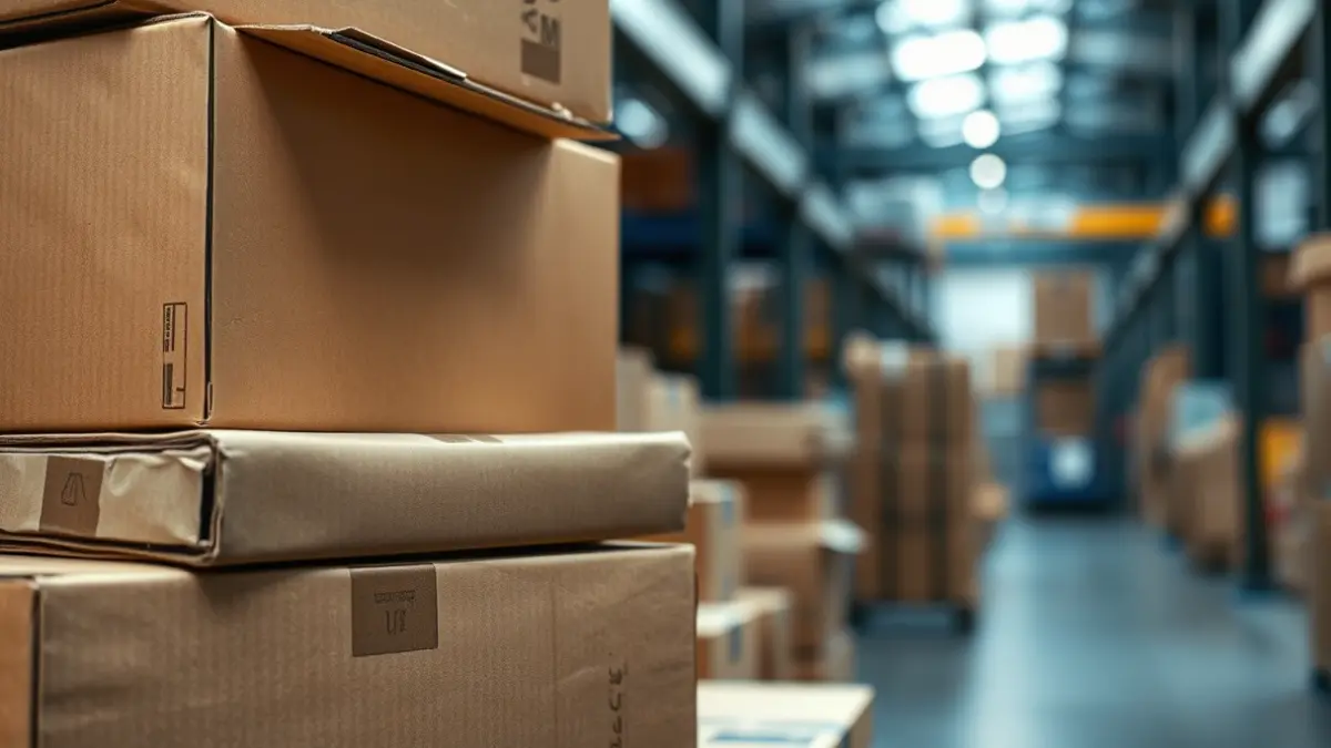 Imagen genérica de cajas de cartón en un entorno industrial.