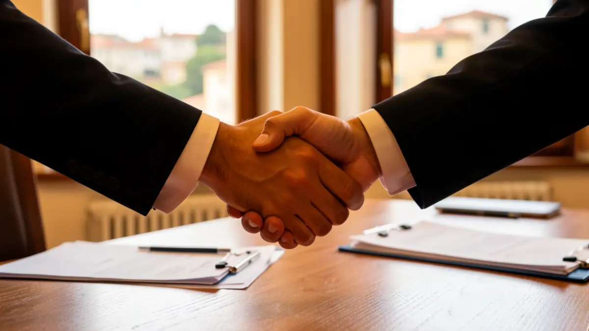 Generic image of two hands shaking over an office desk with documents, with a blurred view of a Mediterranean cityscape in the background.