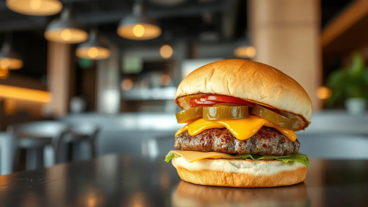 Image of a classic, simple hamburger in a modern setting.