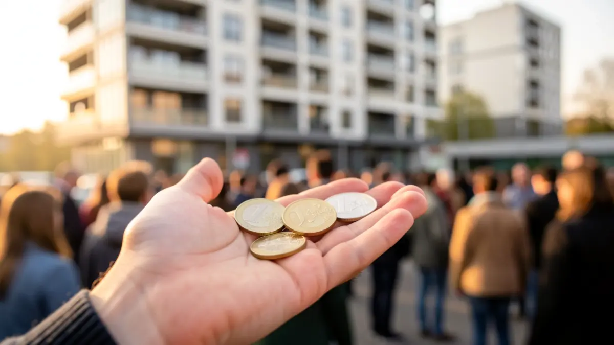 Imagen genérica de monedas de euro en la mano de un joven frente a un edificio.