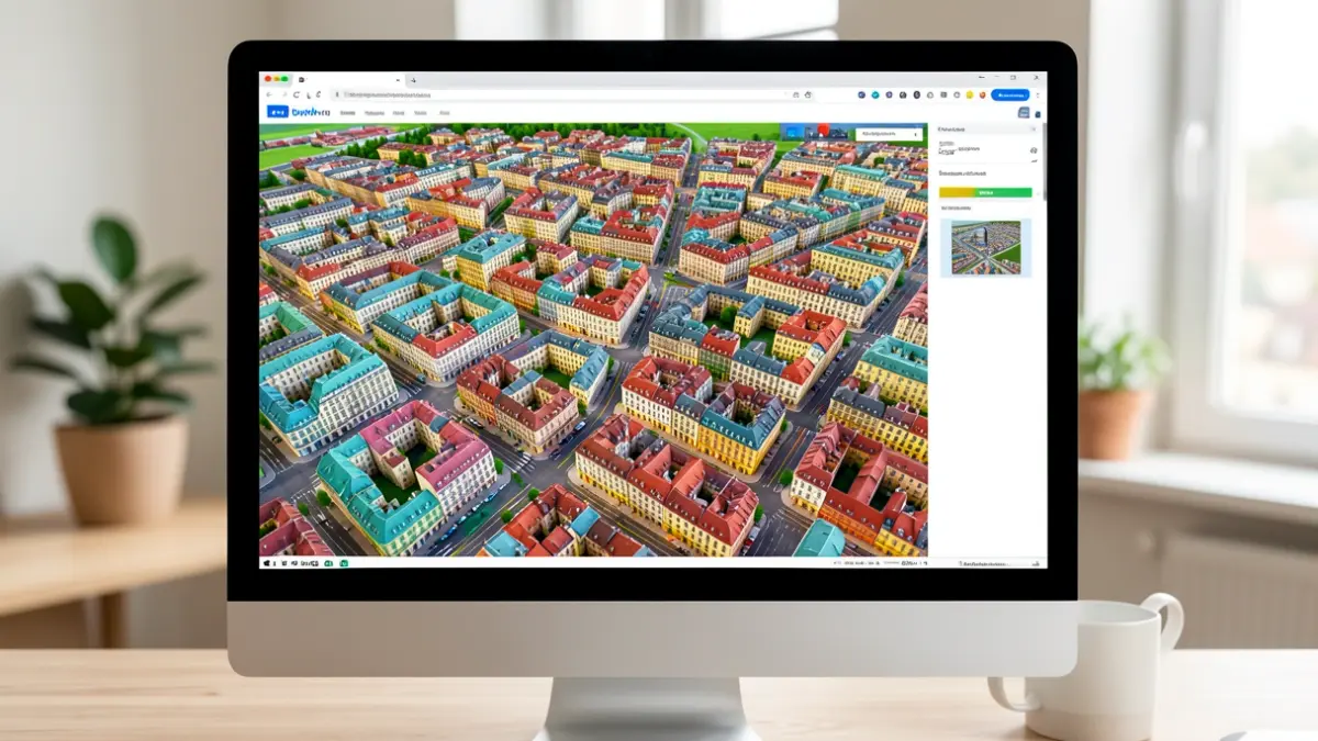 Imaxe dun mapa 3D dunha cidade xerado por unha ferramenta dixital.