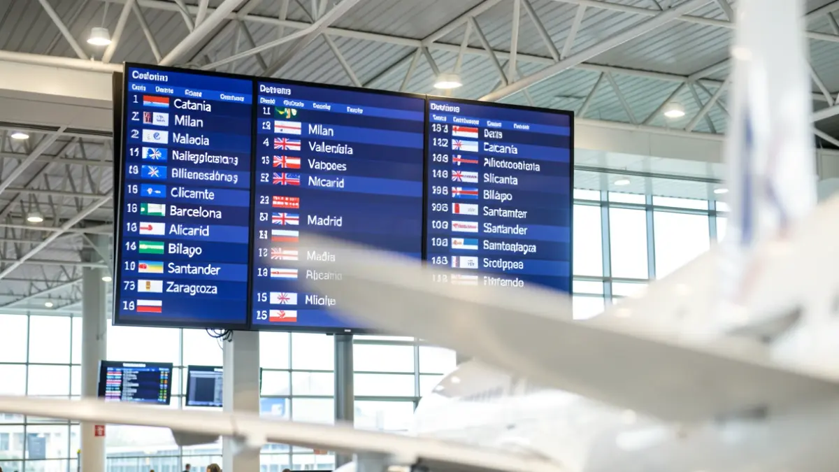 Panel de información de vuelos en un aeropuerto con destinos a Italia y ciudades españolas.