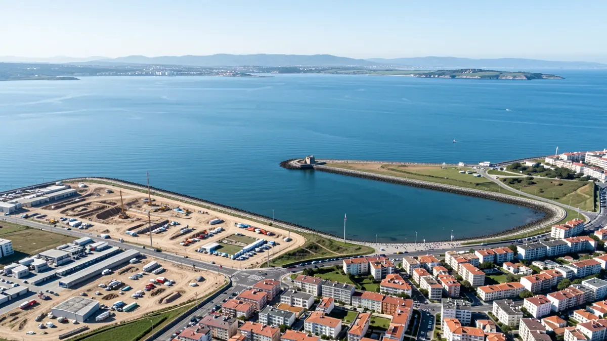 Vista aérea de la costa de la ría de O Burgo en A Coruña, con zonas de desarrollo urbanístico y edificios residenciales.