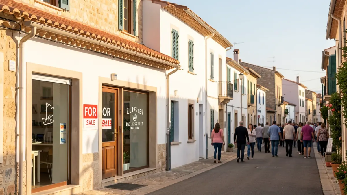 Fachada de una agencia inmobiliaria en un pueblo mediterráneo.