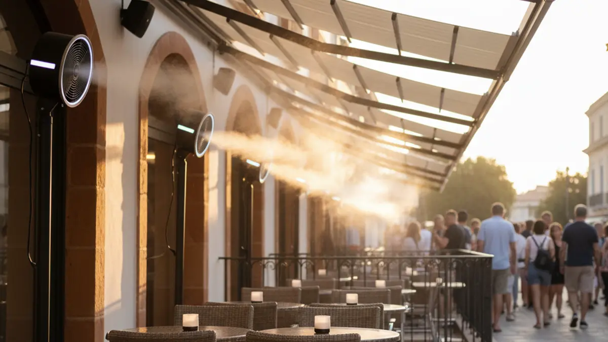 Imagen de una terraza de hostelería con sistemas de refrigeración y sombreado.
