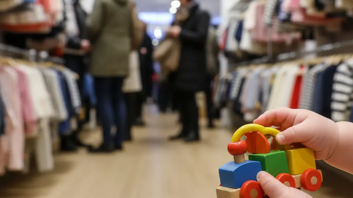 Generic image of a baby's hand holding a wooden toy in a children's store.