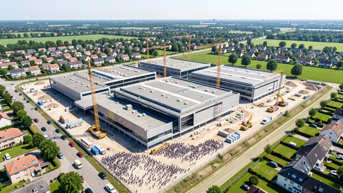 Aerial view of a large, modern commercial park under construction in a suburban area.