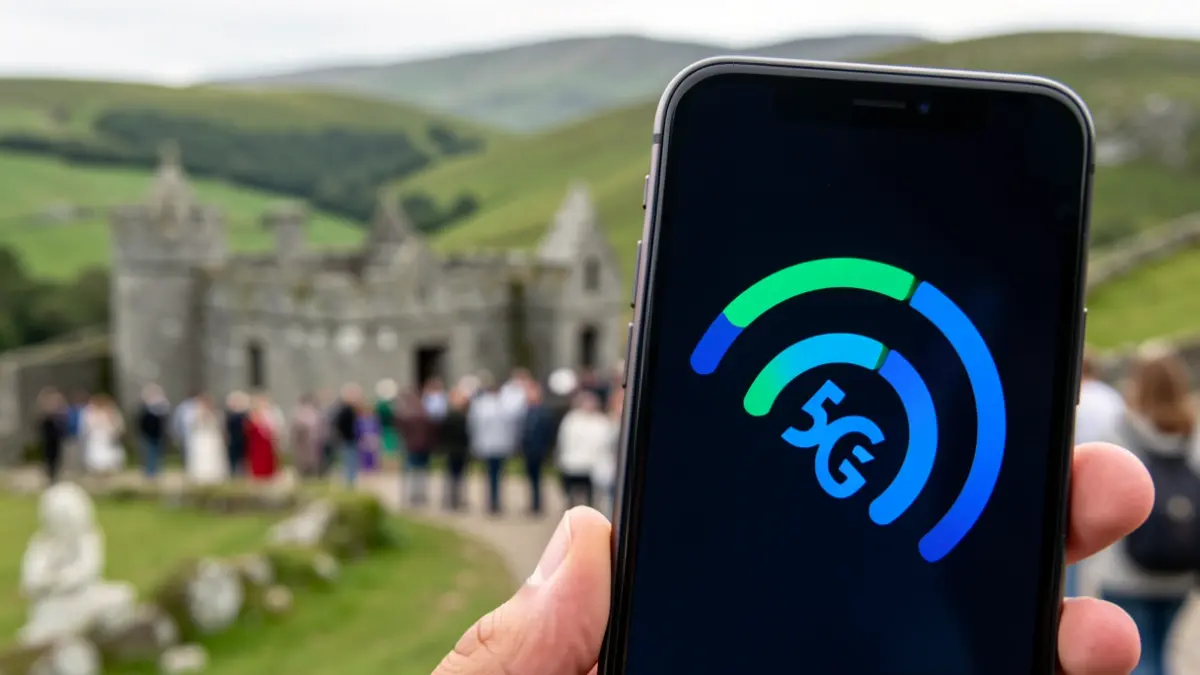 Imagen genérica de un teléfono móvil con el símbolo 5G y un paisaje gallego al fondo.