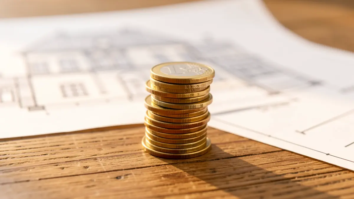 Imagen genérica de monedas de euro sobre planos arquitectónicos.