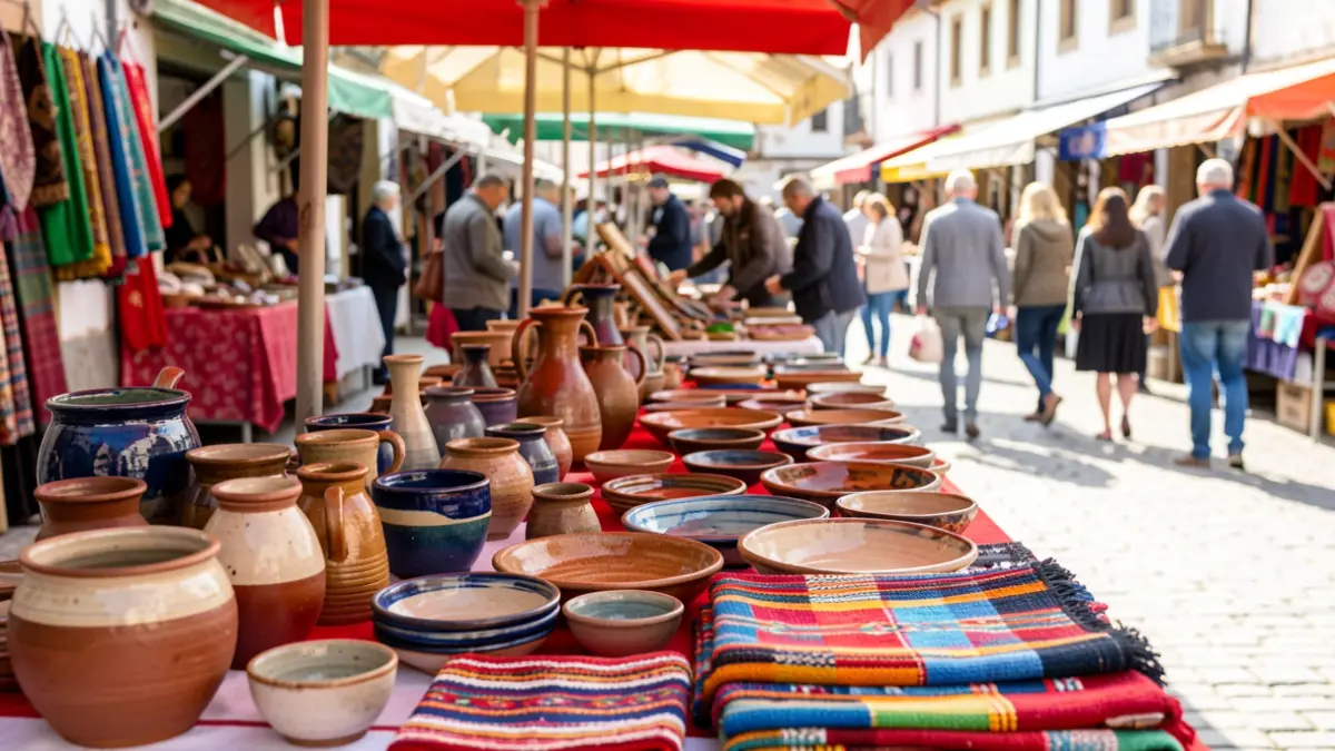 Imagen de un puesto de artesanía con variedad de cerámica y textiles coloridos en una plaza soleada.