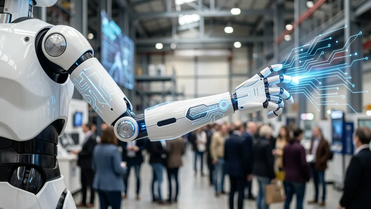 Imagen de un brazo robótico humanoide futurista en primer plano, con un fondo industrial difuminado con patrones de circuitos brillantes.