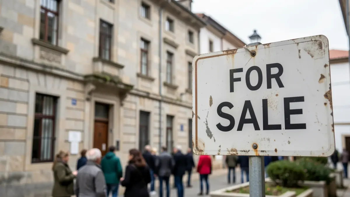 Imagen genérica de un cartel de 'En Venta' delante de un edificio de apartamentos en Galicia.