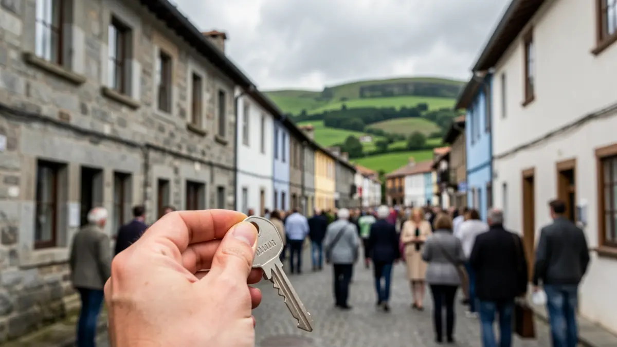 Primer plano de una casa con una llave y un fondo de calle de un concello gallego.