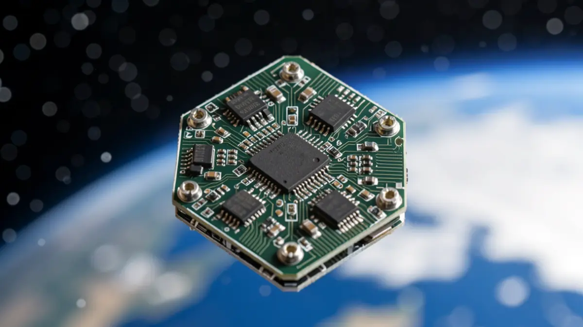 Imagen de un componente de satélite miniaturizado con circuitos complejos, con el fondo del cielo estrellado y la Tierra.
