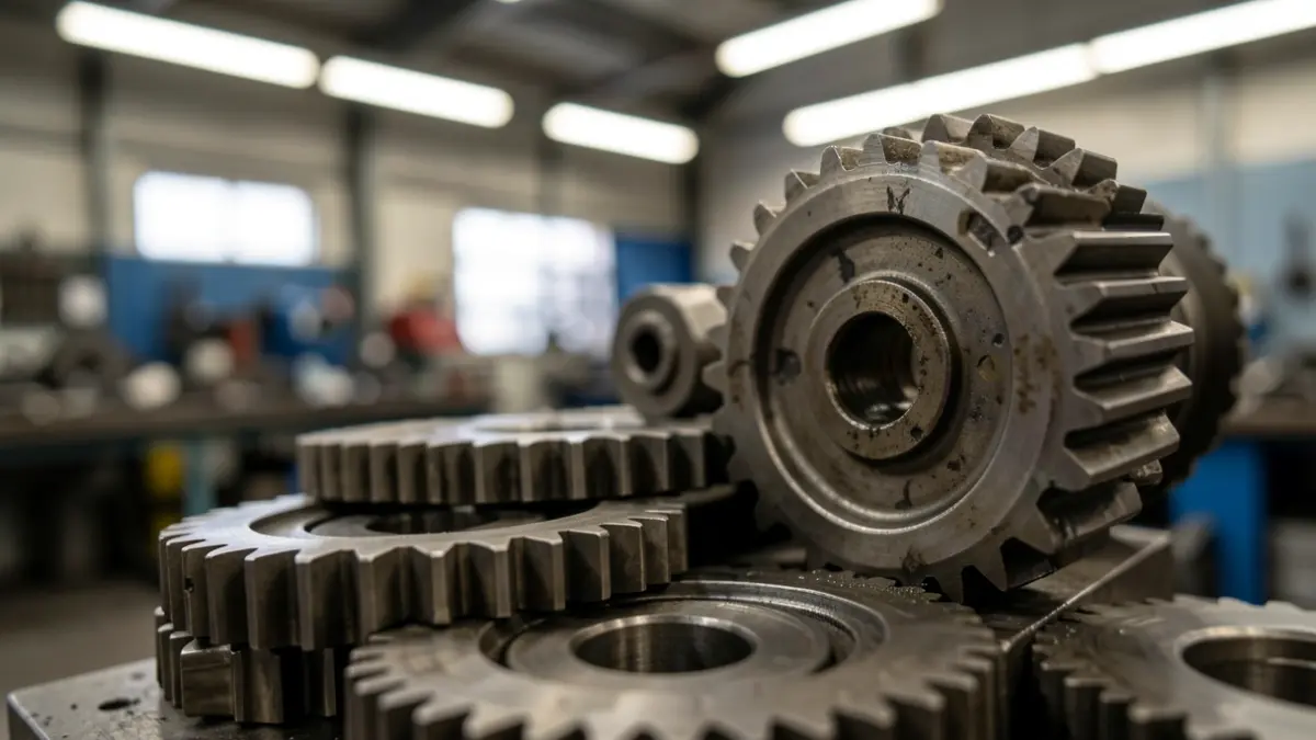 Imaxe xenérica de compoñentes metálicos nun taller industrial.
