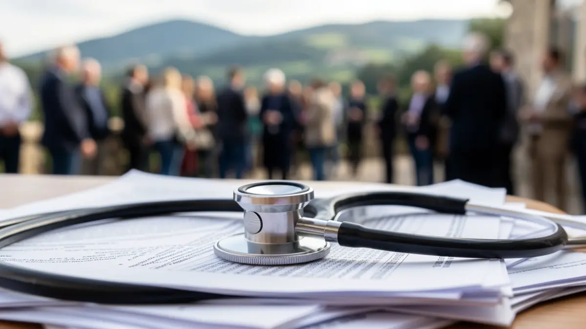 Imaxe xenérica dun estetoscopio sobre documentos médicos.