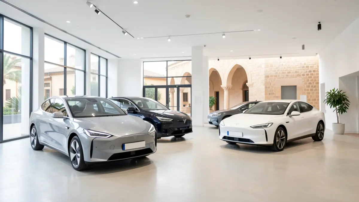 Image of a modern showroom with electric vehicles and Andalusian architectural details.