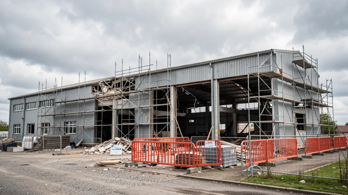 Generic image: Exterior of an industrial pavilion under reconstruction after a fire.