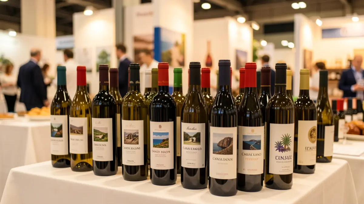 Imagen genérica de botellas de vino canario en una feria comercial.