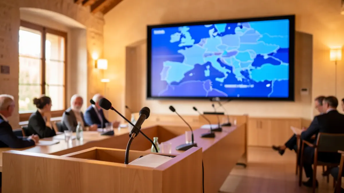 Imagen genérica de una sala de conferencias con pantalla y micrófonos.