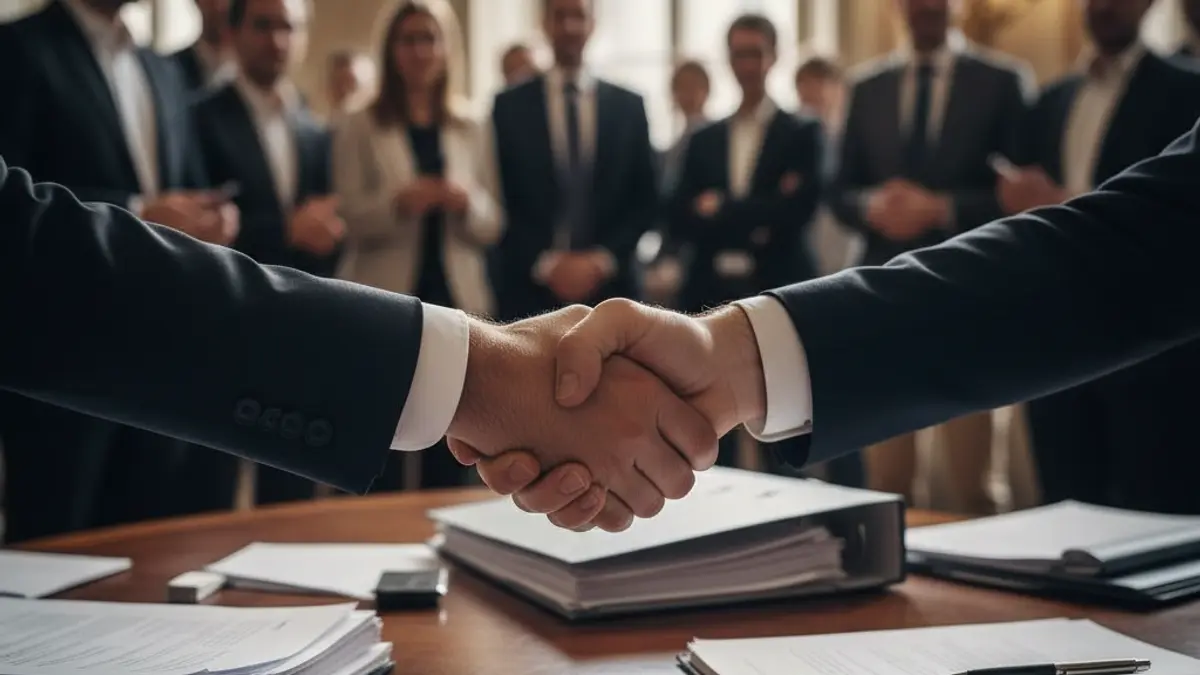 Generic image of two hands shaking over paperwork, symbolizing a job agreement or contract.