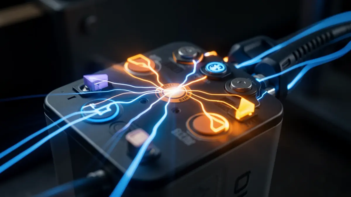 Close-up image of a battery cell with glowing safety indicators.