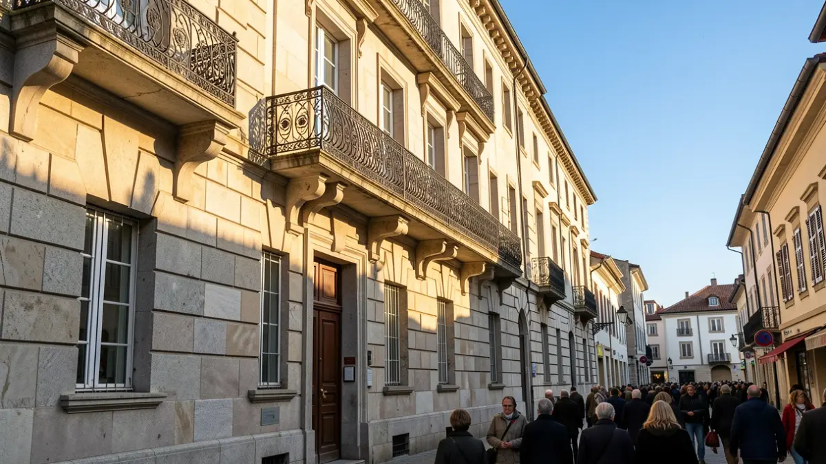 Imagen genérica de un ayuntamiento gallego con balcón de hierro y luz solar.