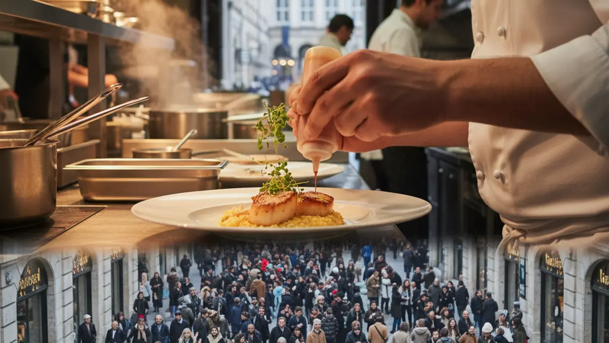 Imagen genérica de unas manos de cocinero preparando comida en una cocina profesional.