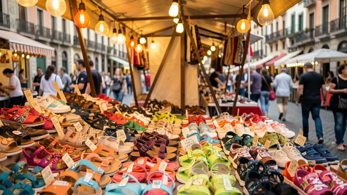 Imagen genérica de un puesto de mercado temporal con una gran variedad de zapatos rebajados.