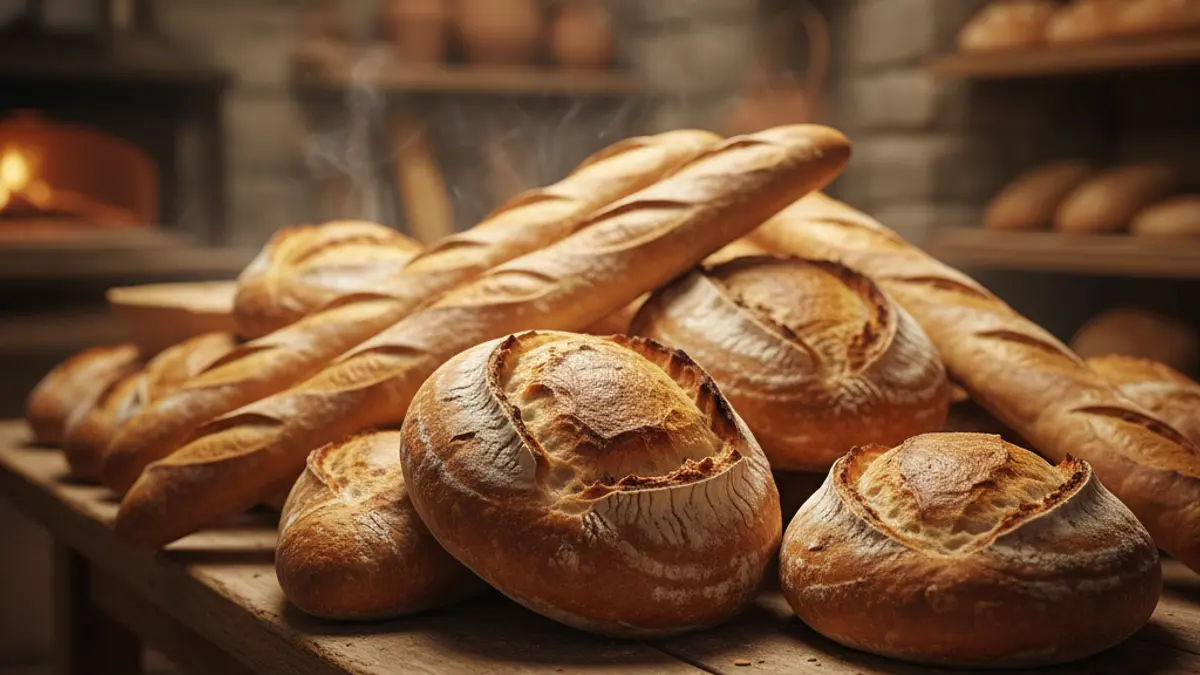 Generic image of freshly baked artisanal bread on a wooden table.