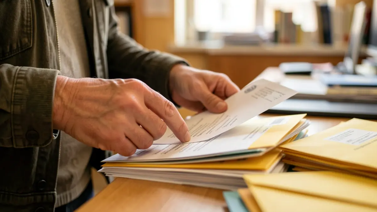 Generic image of postal worker's hands sorting mail.