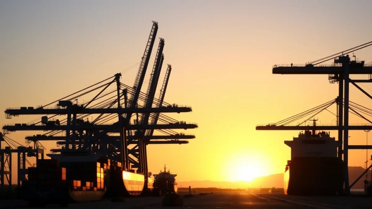 Generic image of the Port of Pasaia, with cargo ships and cranes at sunset.