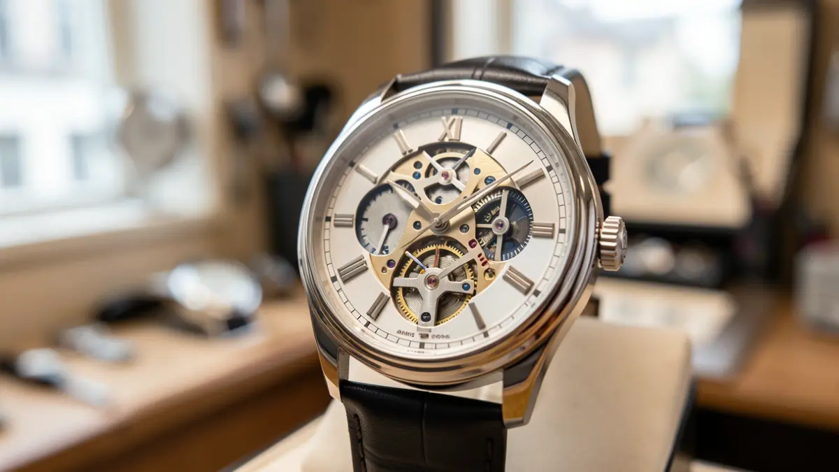 Primer plano de la esfera de un reloj de lujo con detalles intrincados.