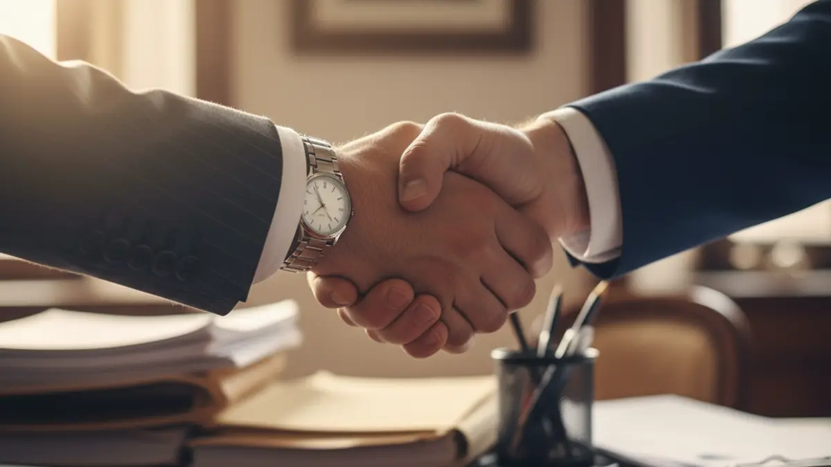 Generic image of a handshake over a desk with documents, symbolizing an industrial agreement or meeting.