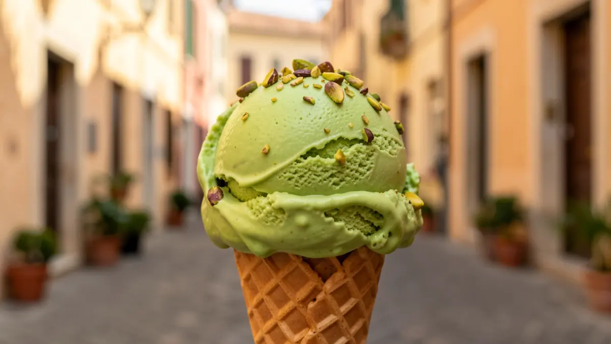 Imagen genérica de un helado de pistacho servido en un cono.
