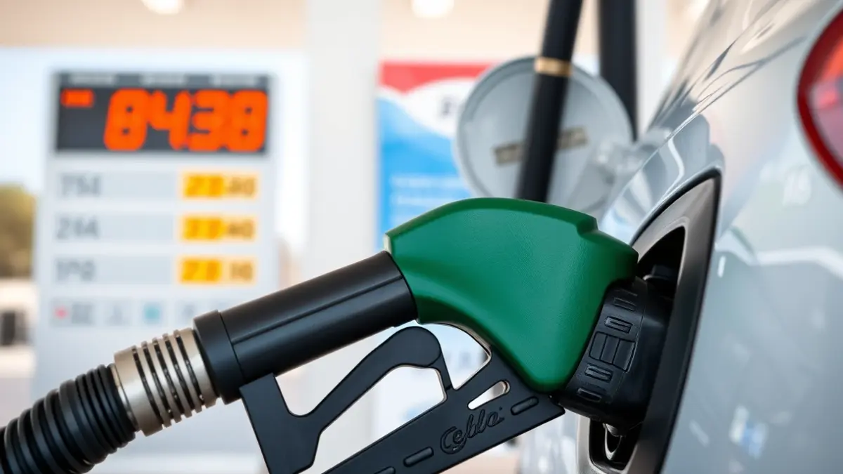 Imagen genérica de una manguera de gasolina en un surtidor, con precios en el fondo.