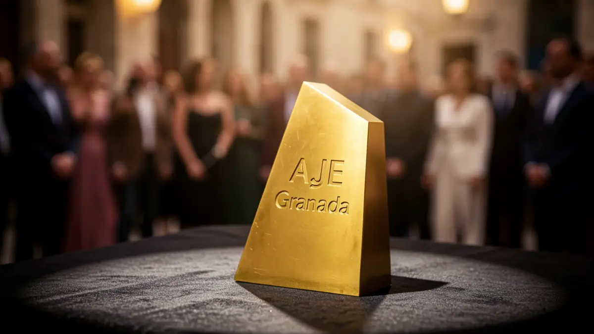 Primer plano de un trofeo dorado con el grabado 'AJE Granada', sobre una superficie oscura.